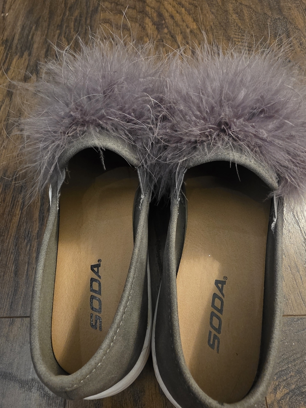 Soda Gray Suede Slip-On Mules with Purple Pom - Picture 2 of 6